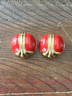 Vintage Nina Ricci Red Enamel Gold Tone Clip-On Earrings Bold Statement Designer